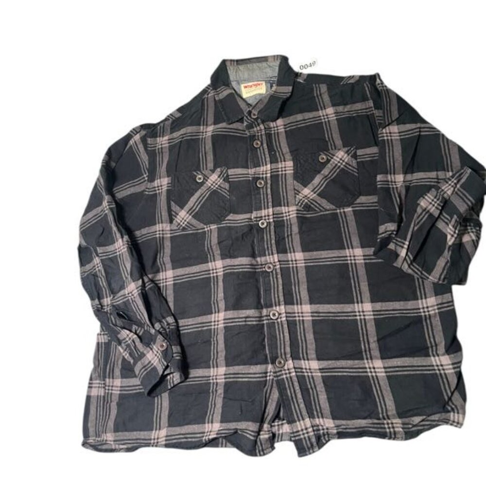 Wrangler Flannel Shirt Men's XL Black Grey Plaid Long Sleeve Outdoor Button-Up